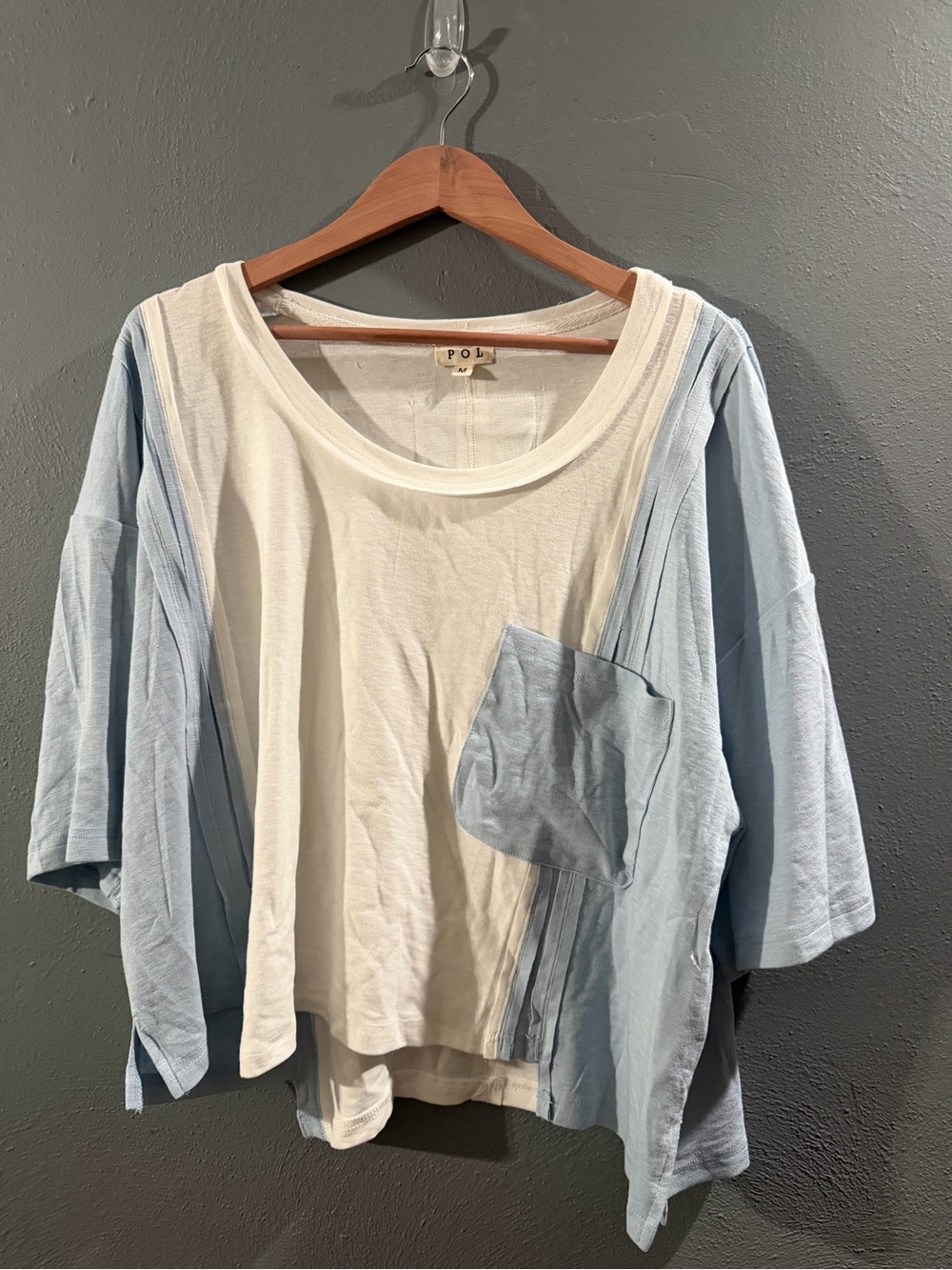 POL Two-Tone Light Blue and White Short Sleeve Top